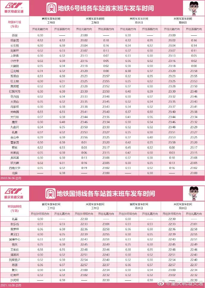 2022重慶軌道交通各線路最新運(yùn)營(yíng)時(shí)刻表