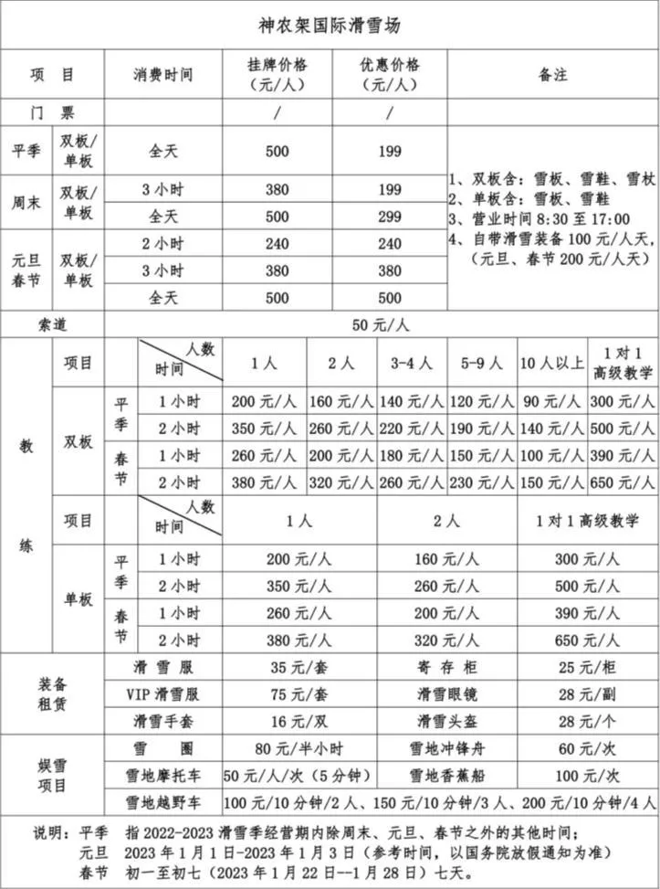 2022-2023神農(nóng)架?chē)?guó)際滑雪場(chǎng)門(mén)票多少錢(qián)