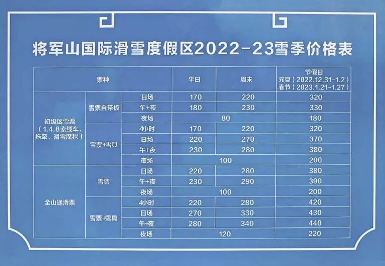 阿勒泰將軍山滑雪場門票價格2023